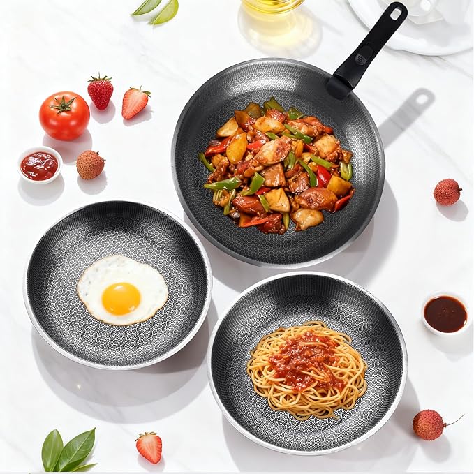 3-Piece Stainless Steel Frying Pan Set, 10”/11”/12.5”Stackable Kitchen Cookware Set with Detachable Handle, Oven Safe Cooking Pan, Suitable for All Stove
