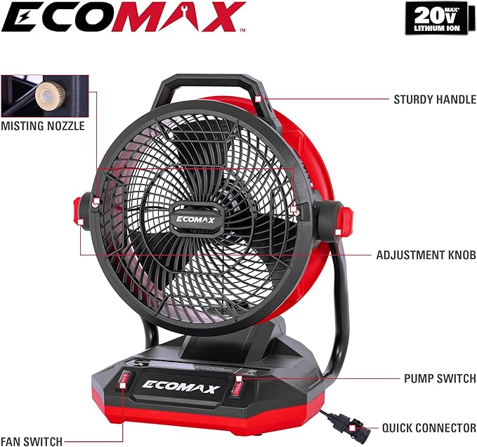 ECOMAX 12" AC/DC Bucket Top Misting Fan, Cordless with 2x20V Batteries & 2A Charger, 2-Speed Airflow & 2-Speed Mist Cooling Fan for Outdoor, Patio, Camping, Fits for 5-Gallon Bucket & Garden Hose