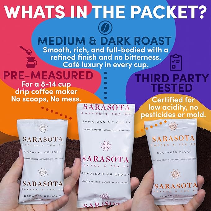 Coffee Variety Pack – Medium, Dark, Decaf & Flavored Ground, 1.75oz Bulk Packs for 12-Cup Drip Coffee Makers, Gourmet Low-Acid Assorted Gift Sampler, 100 Count