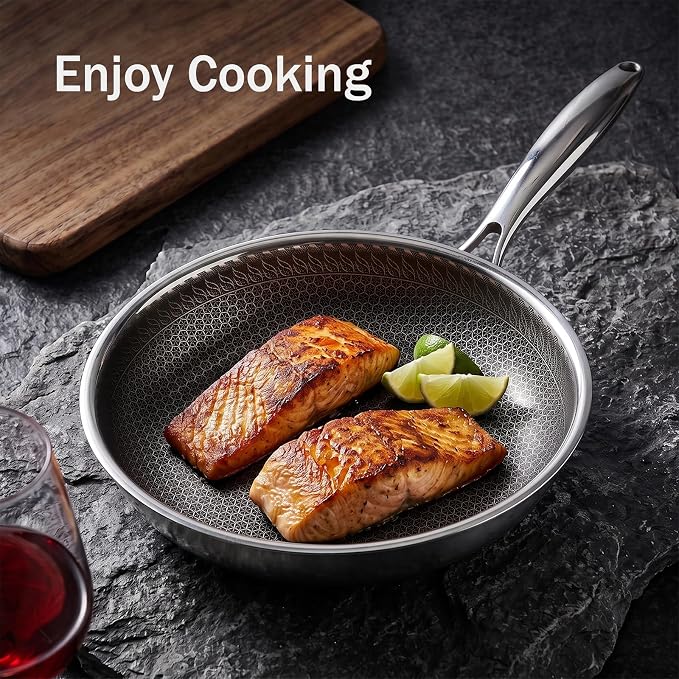 10 Inch Nonstick Stainless Steel Frying Pan Honeycomb with Lid | PFAS PFOA PTFE Free, Scratch-Proof & Metal Utensil Safe, All Cooktops Compatible, Oven & Dishwasher Safe Fajita Skillet