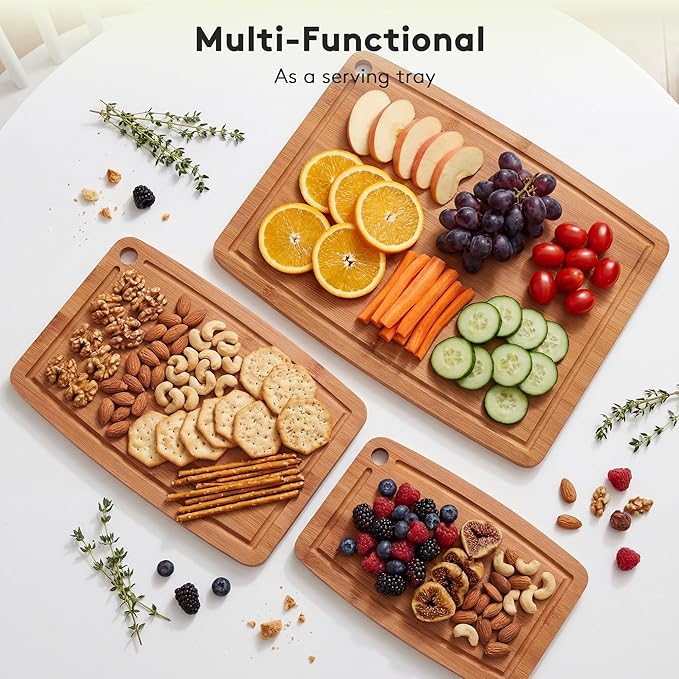 Bamboo Cutting Boards for Kitchen,Carbonized Wood Cutting Board with Deep Juice Groove for Chopping Meat, Vegetables, Fruits, Nuts,Lightweight & Durable,Ideal Kitchen Gift
