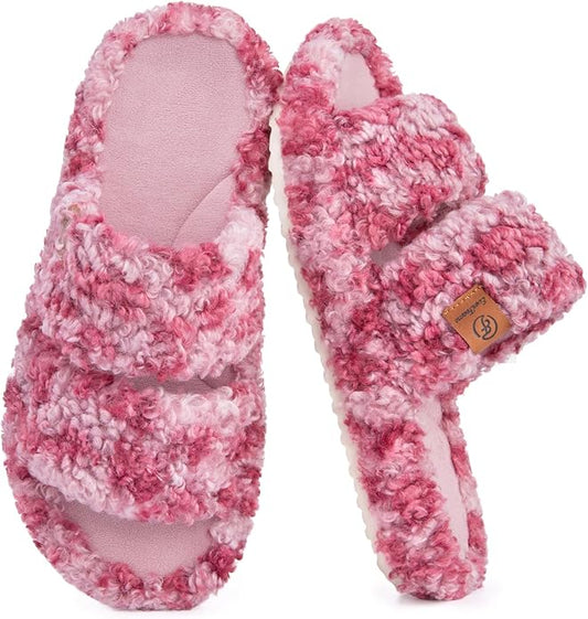 EverFoams Womens Fuzzy Open-toe Slippers Soft Comfy Memory Foam Indoor House Shoes