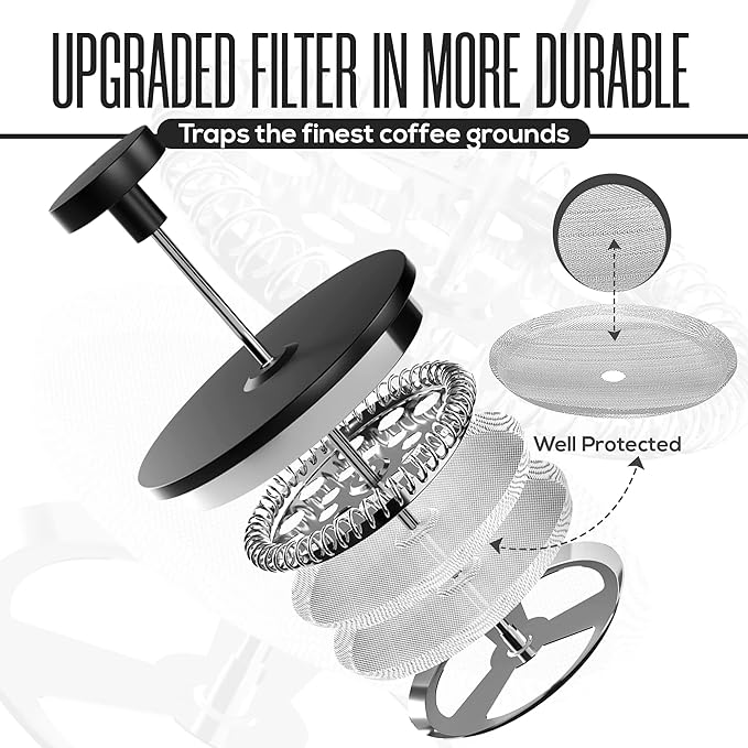 Utopia Kitchen 304 Grade Stainless Steel French Press Coffee Maker 34 Oz, Double Wall Insulated Coffee Press with 4-Level Filtration system, Include 2 Extra Filters, Rust-Free, Black