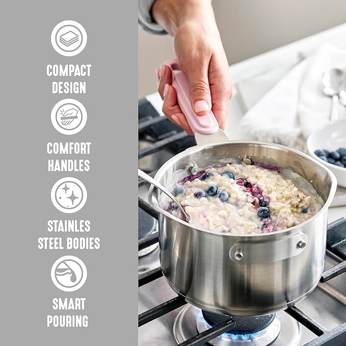 BK Twisting by Greenlife Stainless Steel 6 Piece Locking Lid Cookware Set, Built in Strainer, Induction Pots & Pans, Drip-Free Pour Spouts, Silicone Handles, Saucepan, Stock Pot, Dishwasher Safe