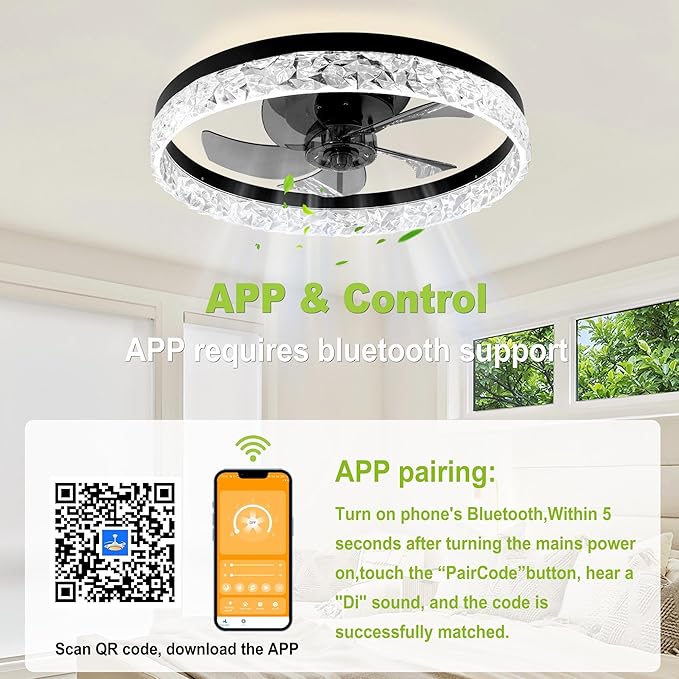 DAMINY 20inch Black Ceiling Fans with Lights and Remote, 6CCT, Dimmable Smart Low Profile Ceiling Fan with Light, 6 Speeds Flush Mount Modern Bladeless Ceiling Fan for Bedroom