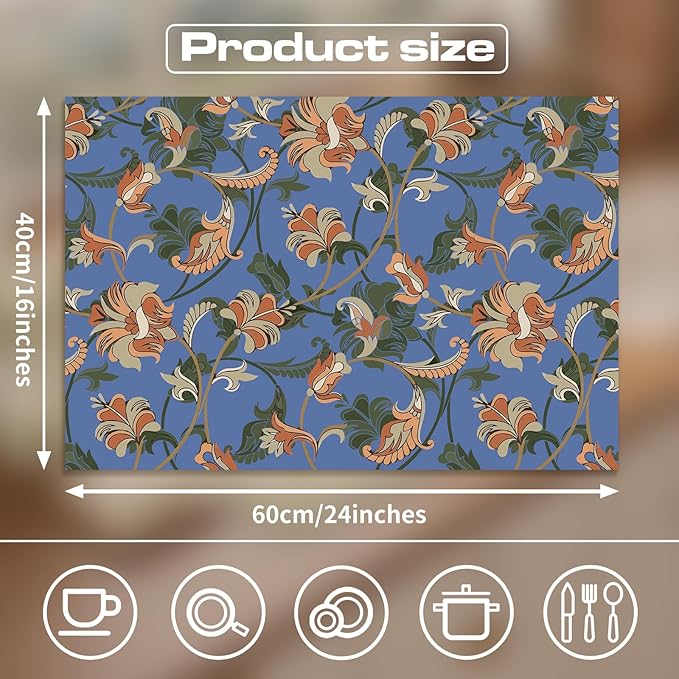 Vintage Floral Absorbent Coffee Bar Tea Mat Heat Resistant Drainer Mat with Non-slip Backed for Kitchen Counter Tableware Decor (Luxuriant Flowers,Navy)