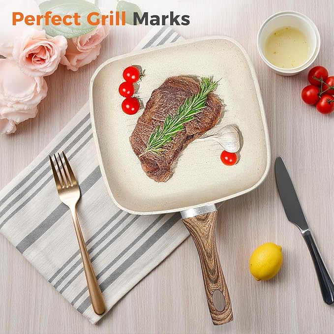 DUMOS 3 Pcs Grill Pans Set, Nonstick Square Frying Pan Skillet Set with Stay Cool Handle & PFOA Free, Compatible with All Stovetops (9.5" 10" 11") Beige