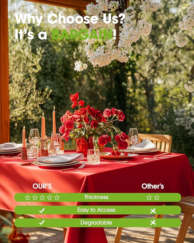 Pureegg Plastic Table Cloth Disposable 20 Pack, 54 x 108 Inch Table Cloths, Valentines Day, Thanksgiving, Christmas Decorations, Fall Tablecloths, Rectangle, Plastic Cover, Leakproof & Sturdy, Red