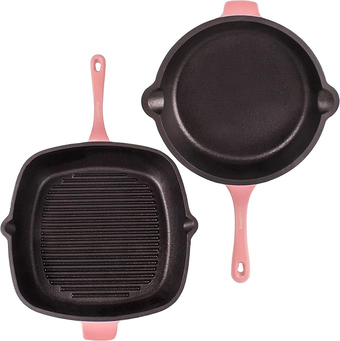 BergHOFF Neo 4Pc Enameled Cast Iron Cookware Set, Grill Pan 11 inches, Fry Pan 10 inches, 3qt. Dutch Oven, Matching Lid, Fast, Evenly Heat, Oven Safe (Pink)