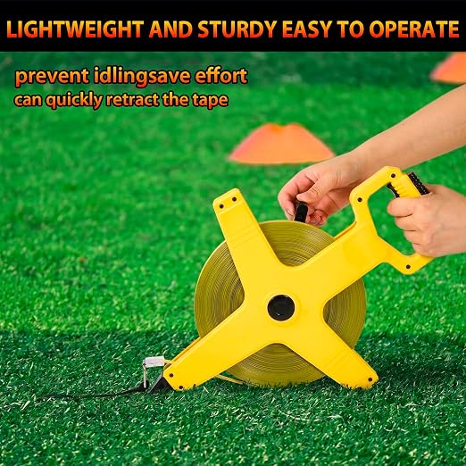 328ft/100m Open Reel Long Tape Measure, 1/2" Nylon-Coated Steel Blade, Dual Inch/Metric Scales, ABS Impact-Resistant Case for Construction, Surveying Light Yellow