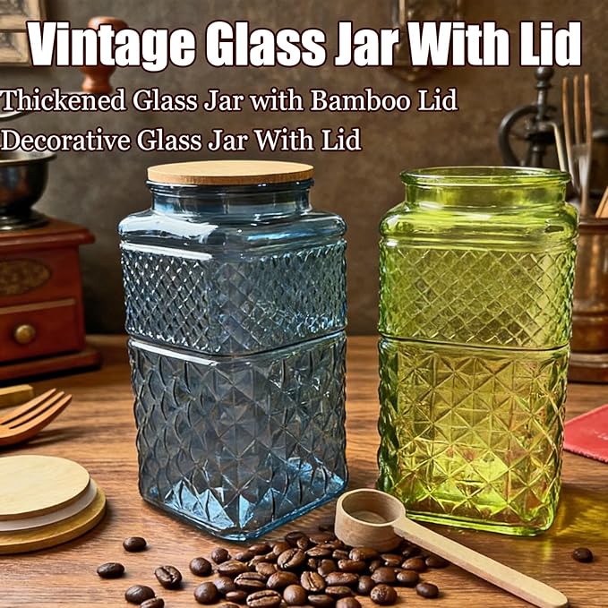 Coriario 1 Gallon Vintage Glass Jar with Lid Wood Spoon Blue Square Glass Storage Canisters Wide Mouth Jars for Food Candy Flour Sugar Cookie Coffee Nuts Decorative