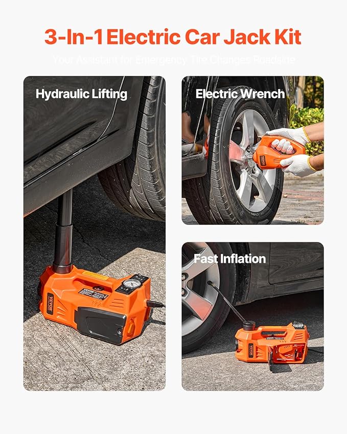 VEVOR Electric Car Jack, 5 Tons /11000 lbs, Electric Scissor Jack with Built-in Inflator, 12V Tire Change Replacement with Electric Impact Wrench & LED Light, Portable Jack kit for Sedan, SUV, Truck