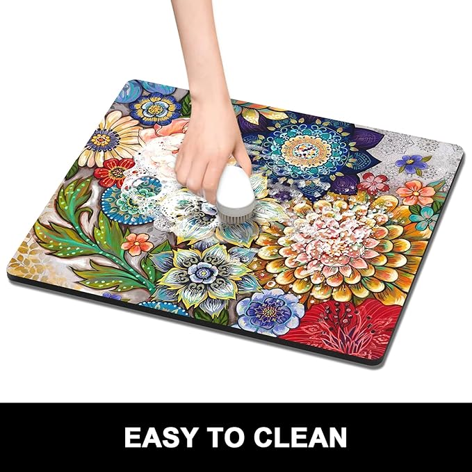 Rnivvi Dish Drying Mat for Kitchen Counter, 16 x 18" Cute Flower Theme Absorbent Heat Resistant Drying Pad with Non-slip Rubber, Coffee Bar Mats for Coffee Machine Dish Rack, Mandala Floral