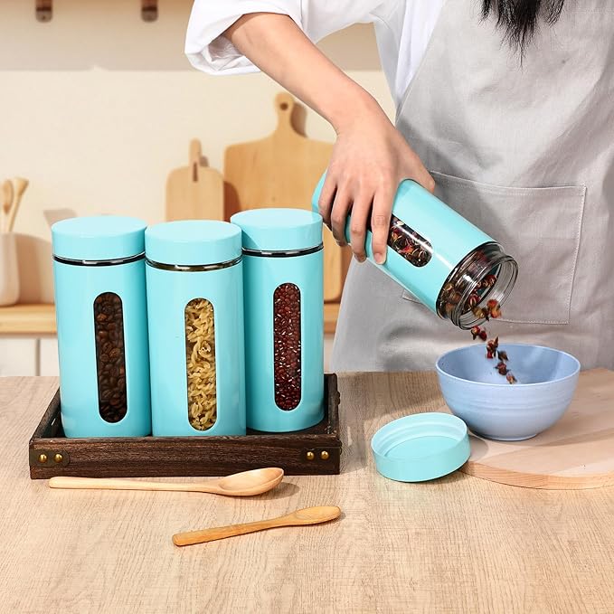 Patelai 6 Pack Kitchen Canisters Set Airtight Stainless Steel Canister Food Storage Container with Window Glass, Coffee Sugar Candy Jars Tea Organizer for Flour Cookies Spice(Turquoise,44 oz)
