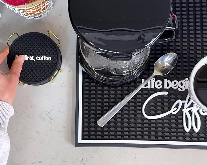 Life Begins After Coffee Bar Mat Sign for Countertop, 18x12 Coffee Machine Mat, Barista Shop Essentials for Your Station, Espresso Machine Protection for Countertop, Silicone Mats for Kitchen Counter
