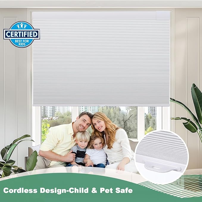 Tonature No Drill Cellular Shades for Indoor Windows, Thermal Insulating & Noise Reducing Honeycomb Blinds, Free Stop Cordless Blackout Shades, White,56 1/2" W x 64" H