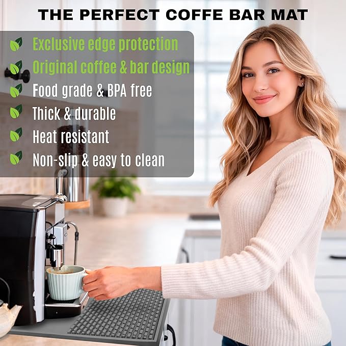 Coffee & Bar Mat For Countertop With "Edge Protection" – Espresso Machine & Coffee Maker Mat – Silicone Heat Resistant Mat – Non-Slip & BPA-Free Food Grade Mat – 12"(Front) x 24"(Length), Gray