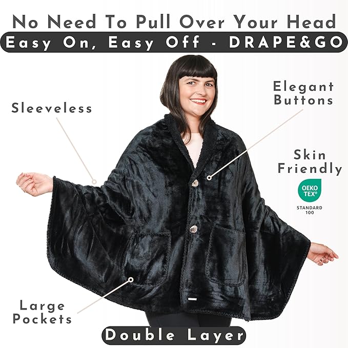 EzrAllora Premium Double Layer Wearable Blanket for Women -Drape and Go No Sleeves- Easy On Easy Off - Black Shawl with Pockets- Wrap Blanket - (Velvet Black)