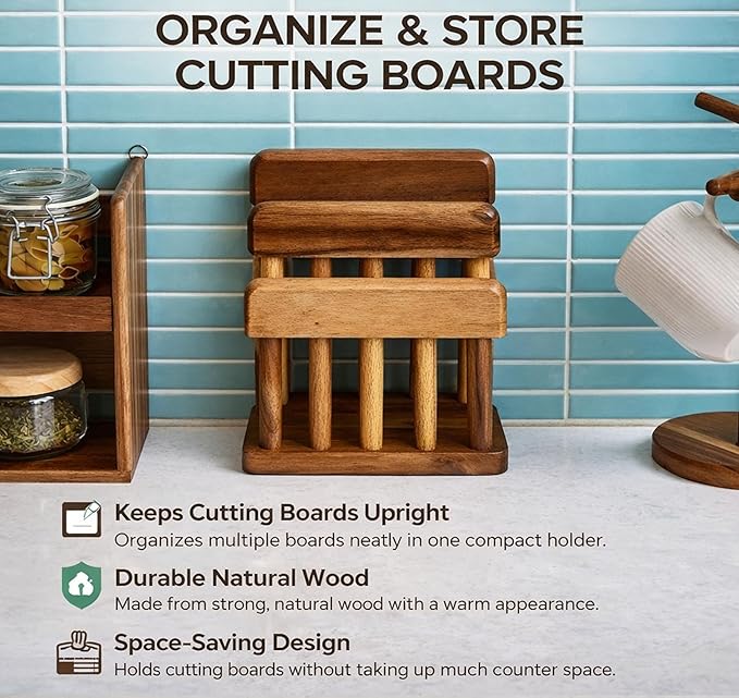 Acacia Wood Cutting Board Holder, Dual Slot Solid Wood Kitchen Organizer and Storage Stand