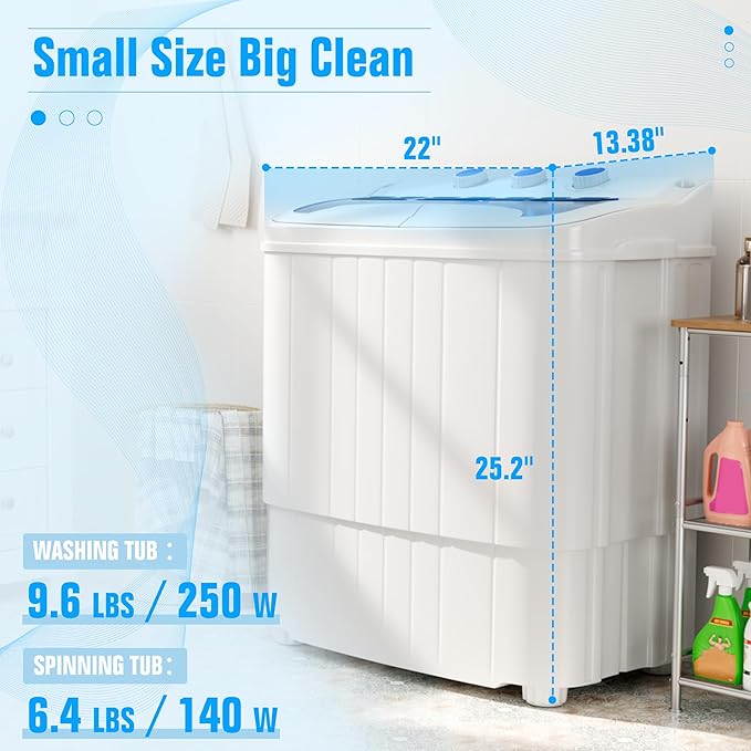 Pataku Portable Washing Machine, Compact Twin Tub Mini Washing Machine, 17.6 LBS Washer and Dryer Combo with Soaking Function, Semi-Automatic for Apartment, Dorms, RVs, Camping (White & Blue)