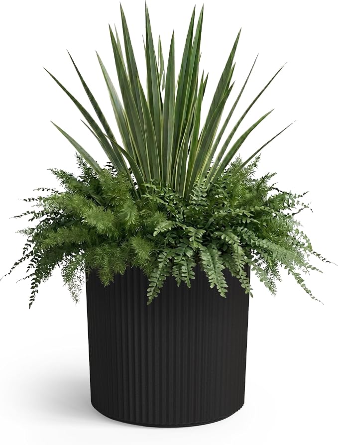 Mayne Haven 12-Inch Fluted Planter, Round Planters for Outdoor Plants, Lightweight Concrete Look Plant Pots for Porch, Patio, Garden and Entryway Décor, Black