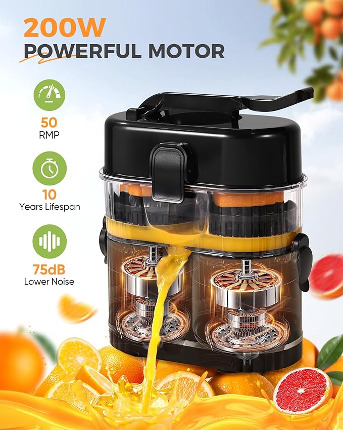 Electric Orange Juicer, Dual-Head Citrus Juicer Squeezer with Power Cord & Cleaning Brush, Built-in Cutter, One-Touch Automatic Electric Juicer Machine for Orange, Lemon and Grapefruit, Black