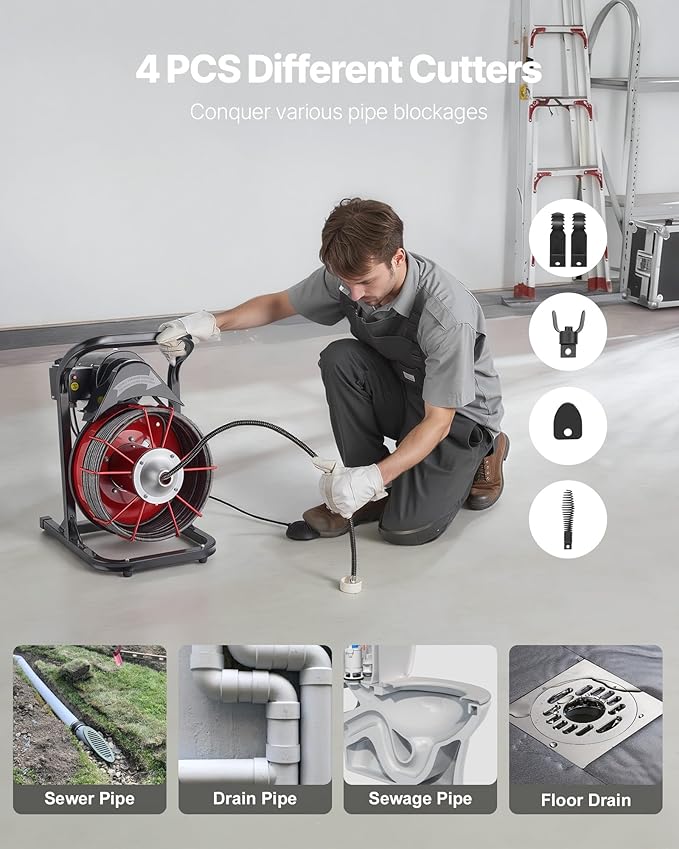 VEVOR Drain Cleaner Machine 50 FT x 1/2 Inch, Sewer Snake Auger Manual Feed with 4 Cutters & Air-activated Foot Switch for 2" to 6" Pipes
