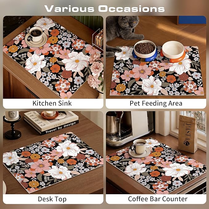 Retro Floral Dish Drying Mat Super Absorbent Coffee Mat, Fit Under Coffee Maker Espresso Machine (Abundant Blooms,Black)