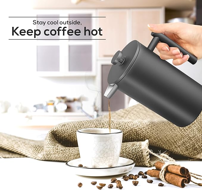 Utopia Kitchen 304 Grade Stainless Steel French Press Coffee Maker 34 Oz, Double Wall Insulated Coffee Press with 4-Level Filtration system, Include 2 Extra Filters, Rust-Free, Black