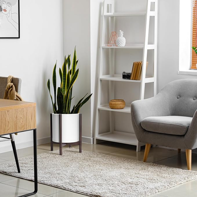 D'vine Dev Plastic Pot with Walnut Wood Stand, White, 14 in, 55-C-R-1 | Mid-Century Inspired Design, Elevated Plant Display, Clean Lines, Sturdy Support, Modern Space-Saving Style