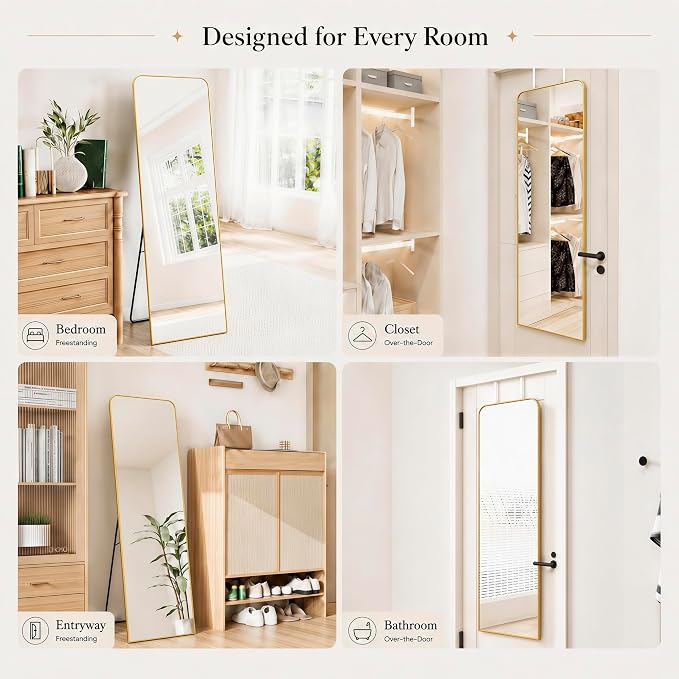 SCWF-GZ 57x20 Full Length Mirror Over The Door Hanging, Floor Stand/Wall Mounted Aluminum Alloy Frame Dressing Mirror for Bedroom Living Room 57 inch Gold