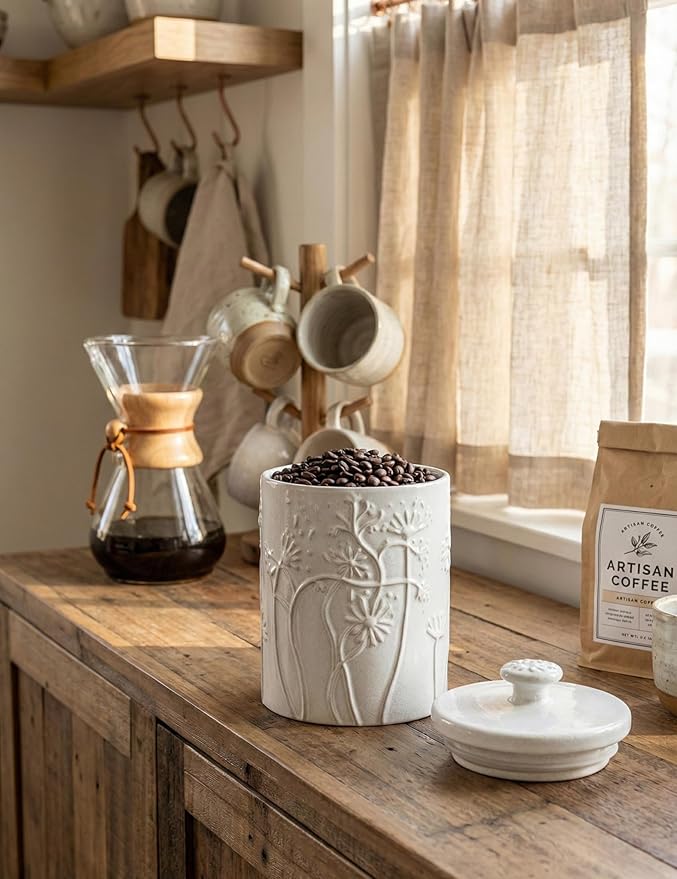 Ceramic Swaying Flowers Kitchen Canister Airtight Coffee Canister For Ground Coffee Sugar Tea Storage Container White Cookie Jar For Kitchen Counter Kitchen And Bar accessories Holder