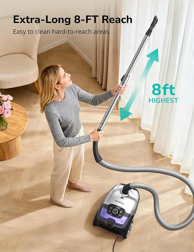 Aspiron Canister Vacuum,1700W/45KPA Bagged Vacuum Cleaner,6QT Large Capacity,Auto Cord Rewind,HEPA Filter,Low Noise,8M Cleaning Radius,Variable Power Control,Easy to Push,Hard Floor,Pet,Carpet