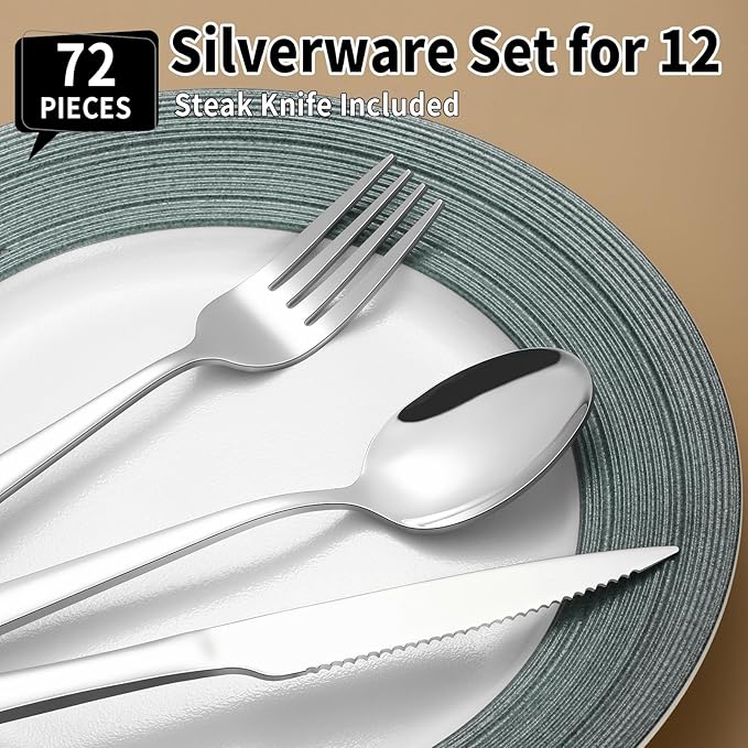 72 Piece Silverware Set for 12, Prendcyx Stainless Steel Flatware Set wtih Steak Knives, Food-Grade Tableware Cutlery Set, Mirror Polished Utensil Sets for Home Restaurant