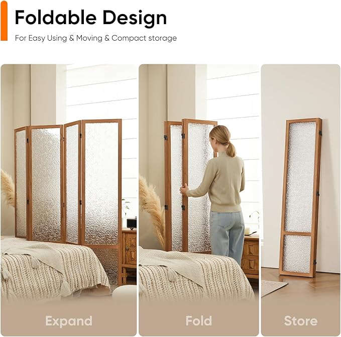 JOSTYLE Acrylic Room Divider, Frosted Glass Like Partition Privacy Screen, 4-Panel Contemporary Translucent Wall Divider for Bedroom&Office, Brown Wood Frame, 67" H x 64" W