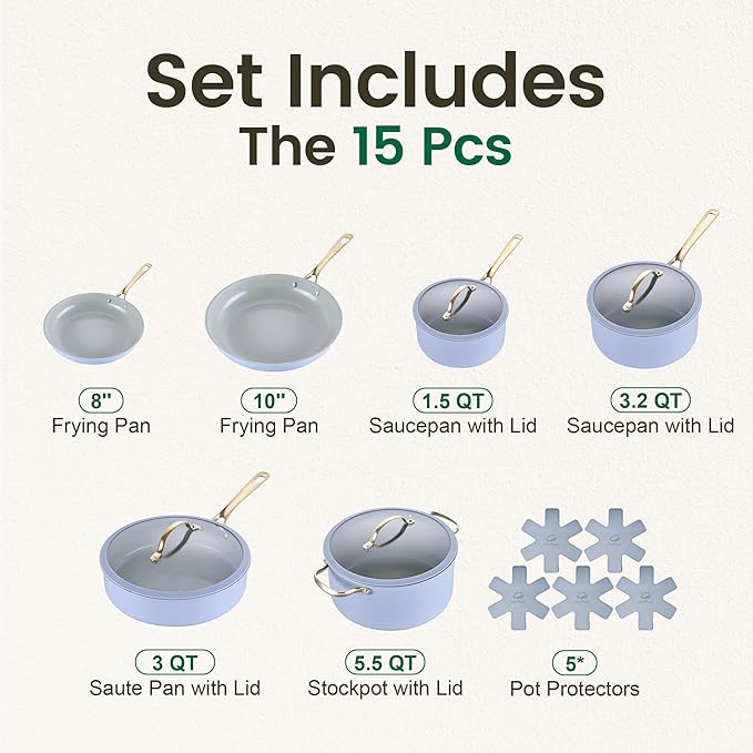 Chef Power Ceramic Cookware Sets, 15Pcs Pots and Pans Set Non Stick, Cookware Set with Stainless Steel Handle, Dishwasher & Oven Safe, Blue Gray and Granite Grey