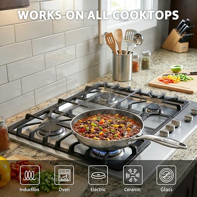 LOLYKITCH 8.5 Inch Tri-ply Hybrid Stainless Steel Non-Stick Sauté Pan with Lid,Skillet,Induction Frying Pan,Skillet,Dishwasher and Oven Safe,Riveted Handle.
