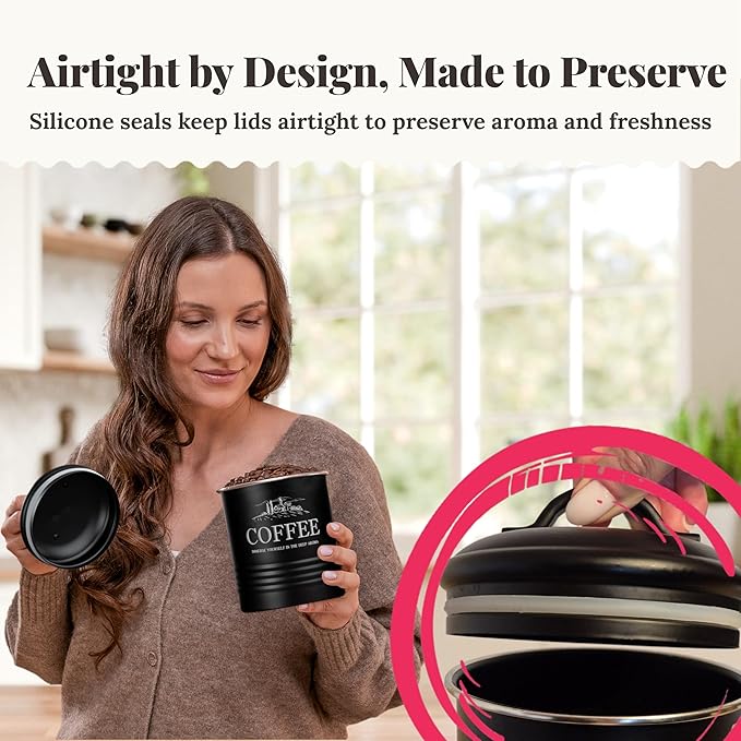 noonberry Kitchen Canisters for Countertop – 3-Piece Airtight Kitchen Canister Set – Sugar Coffee Tea Containers for Kitchen Counter – Matte Black Finish