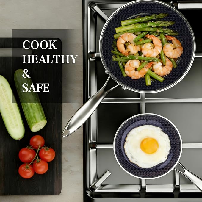 BRASA Nonstick Frying Pan 10.24-inch,Tri-Ply Stainless Steel Skillet,Honeycomb Ceramic Coating, Induction & All Cooktop Compatible,Dishwasher safe (PFOS, PFOA Free)(10.24 in+5.9 in trivet)
