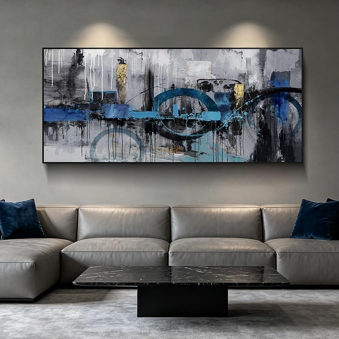 Abstract Wall Art for Living Room Bedroom Above the Sofa Picture Artwork | Oversized 86x39 Inches Made of Canvas with a Black Frame This Blue-Gray-Gold Piece Offers Minimalist Luxury Wall Decor