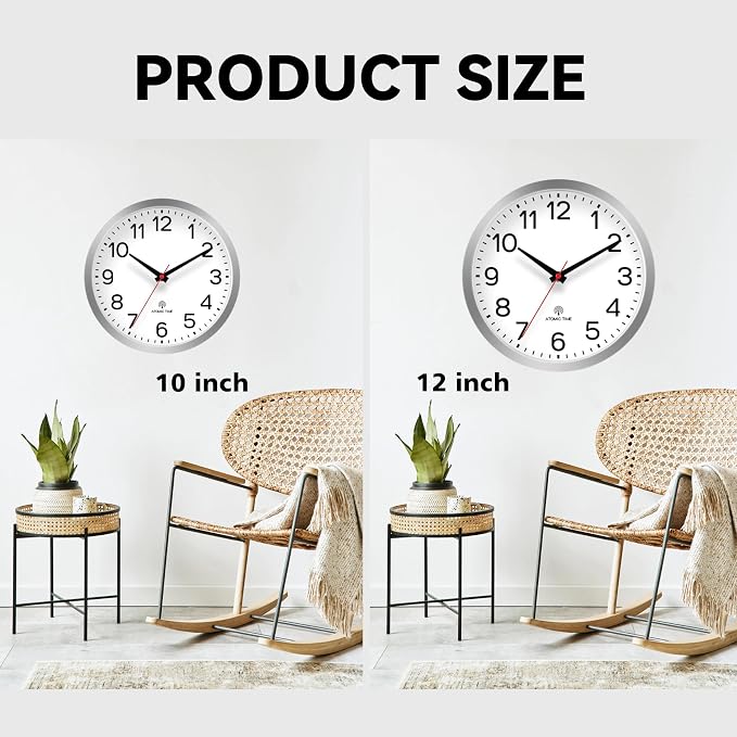 AKCISOT 10 Inch Wall Clock, Battery Operated Analog Clock, Silent Non-Ticking, Ideal for Bedroom, Bathroom, Kitchen, Office and School, Silver
