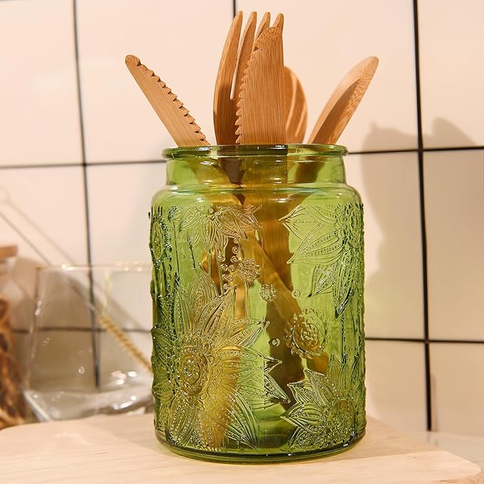Custde Glass Storage Jars With Airtight Lid, 23.7oz Canister For Kitchen Counter with Bamboo Lid, brown sugar, candy, coffee, cookie, salt, tea,pantry cute Jar (Green 2-Pack, 23.7 fl oz)