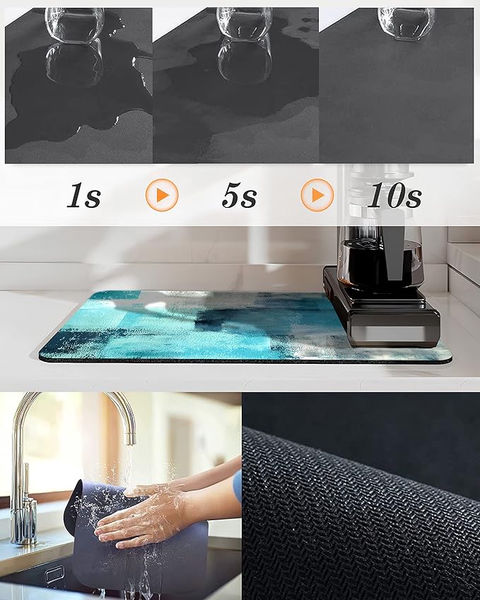 Coffee Bar Mat Accessories for Countertop Turquoise Abstract Art Absorbent Hide Stain Rubber Backed Dish Drying Mats for Kitchen Counter Draining Pad decor Gift Fit Under Coffee Maker (20x12in)