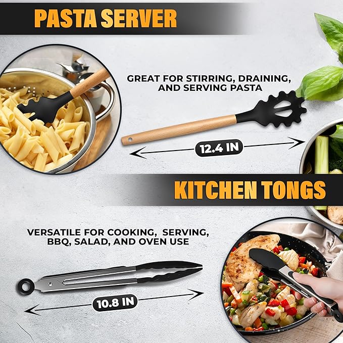 14 Pcs Black Kitchen Utensils Set with Holder for Nonstick Cookware - Silicone Cooking Utensils Set, Kitchen Tools for Daily Cooking - Wooden Handle Cooking Tools for Baking Serving and Mixing Tasks