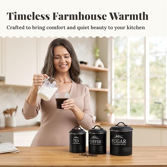 noonberry Kitchen Canisters for Countertop – 3-Piece Airtight Kitchen Canister Set – Sugar Coffee Tea Containers for Kitchen Counter – Matte Black Finish
