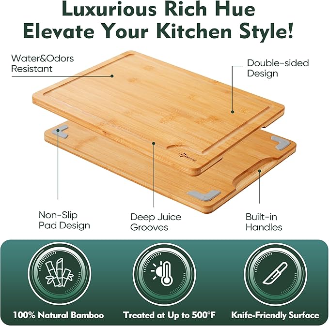 Bamboo Cutting Board, Durable Wood Cutting Boards for Kitchen Set 3 Packs with Non Slip Feet Holder and Over Sink Solid Thick Reversible Large Big Small Vegetables Fruits Kitchen Gifts (Natural)