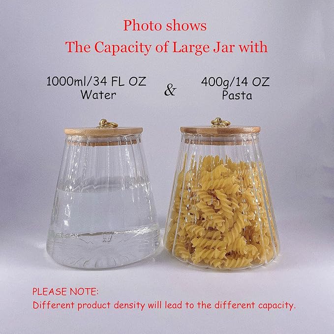 Glass Coffee Nuts Canister Airtight Storage Jar Petal Decorative Container with Bamboo Lid Metal Handle Easy to Grasp 1600ml, 54 FL OZ (Large Conical)