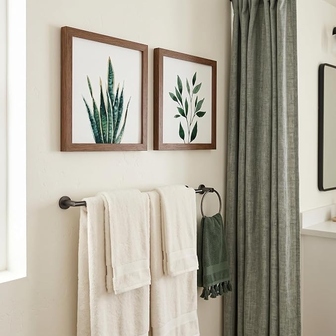 ArtbyHannah Framed Bathroom Wall Art Decor, 8x8 Inch 4 Pack Botanical Gallery Wall Frame Set Modern Farmhouse Sage Green Prints Artwork for Spa, Restroom, Bedroom, Office Decoration (Walnut)