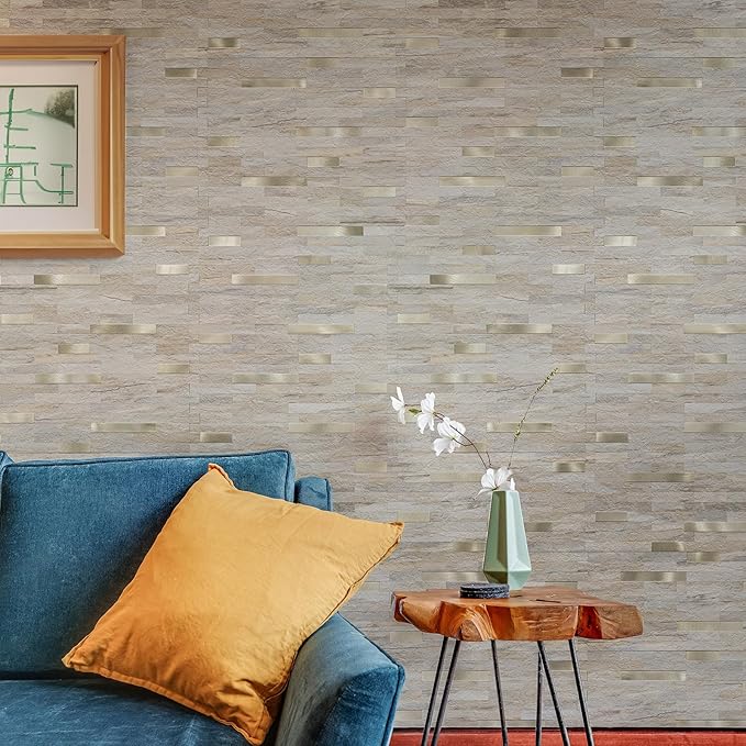 StyloVue 20 Sheets Kitchen Peel and Stick Backsplash Tiles, Beige with Metal Gold Look Stick on Backsplash for Kitchen, RV, Fireplace