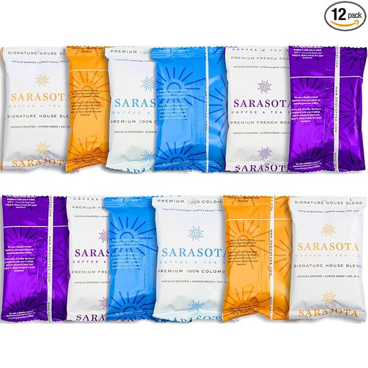 Coffee Packets – Assorted Variety Sampler Gift Set | Medium, Colombian & Dark Roast Fractional Packs | Gourmet Low Acid Mold Free Individual Pouches for 12 Cup Brewers | 2 Oz Bags, 12 Count – Sarasota